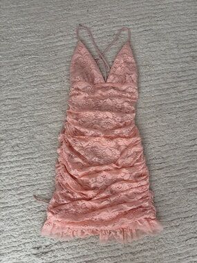 Lucy in the Sky Blush Pink Lace Ruched V-Neck Mini Dress